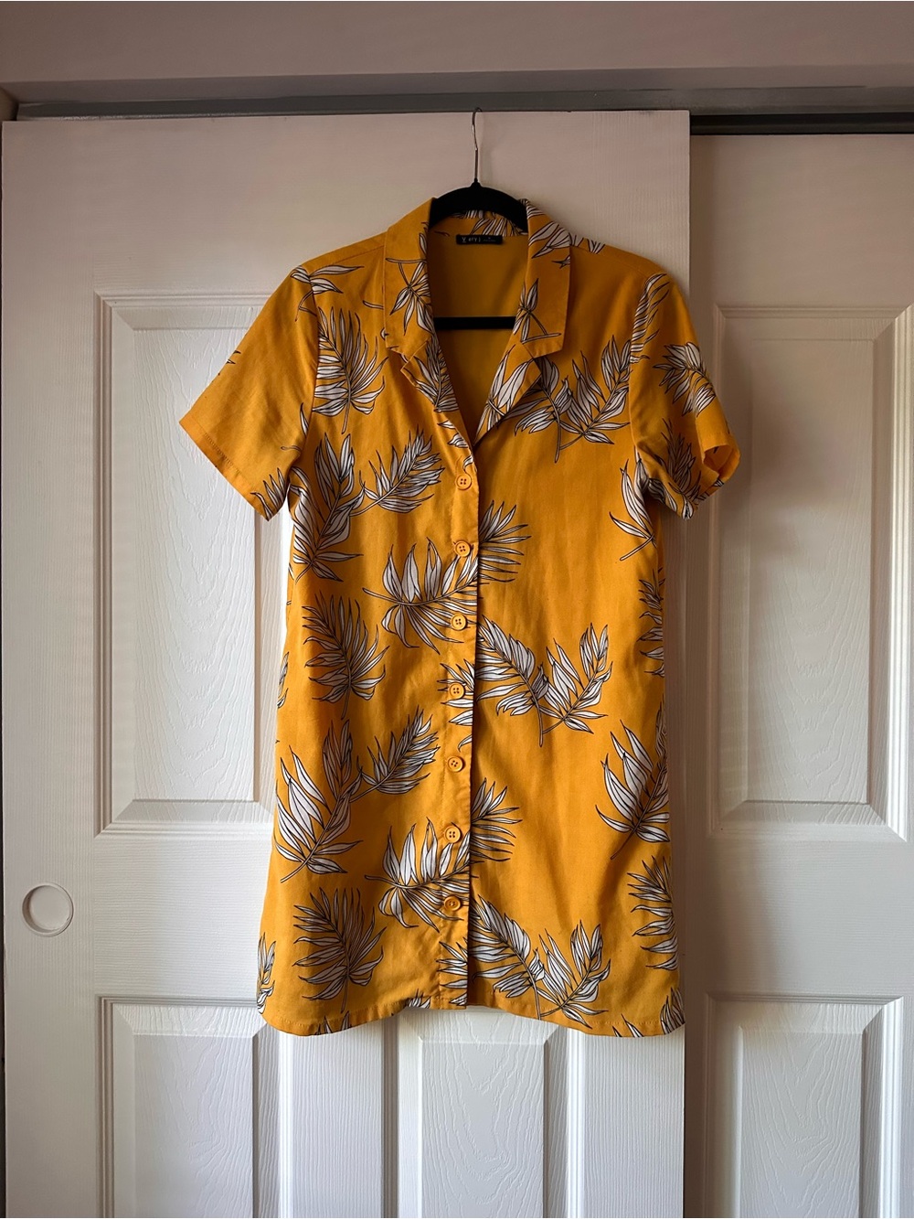 Yellow Tropical Button-Down Short Sleeve Shirt Dress